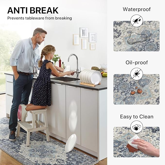 GENIMO Kitchen Mats for Floor 2PCs, Washable Anti Fatigue Mat for Cushioned, 17.3"x47"+17.3"x30", Waterproof Kitchen Rugs, Non Slip Comfort Standing Mat Rug for Home, Sink, Laundry, Center Blue