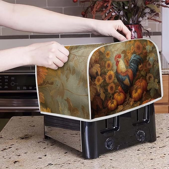 UNICEU Fall Toaster Cover 2 Slice Rooster Pumpkin Sunflower Print Stain Resistant Dust Proof Cover for Bread Maker Washable Kitchen Small Appliance Covers