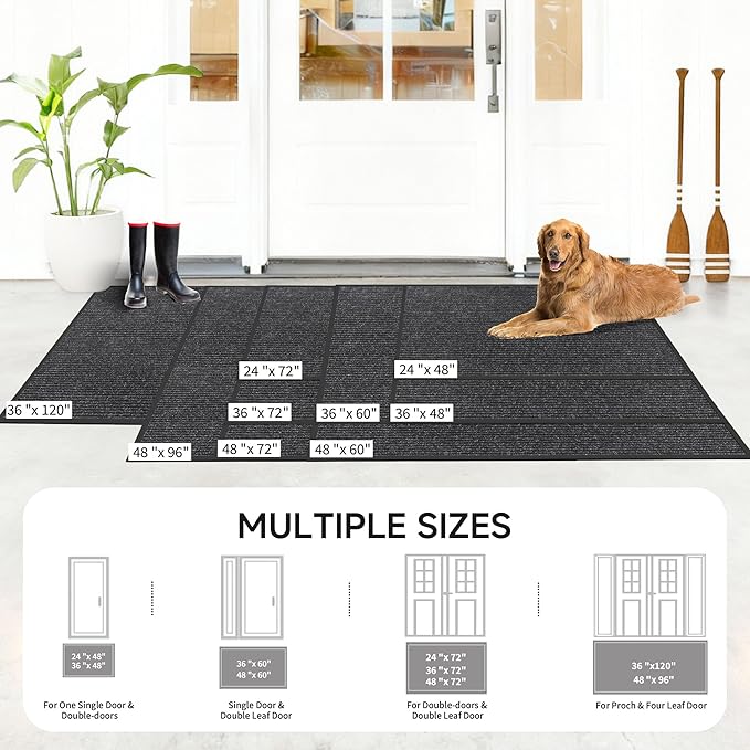 Front Door Mat, Heavy Duty Indoor Outdoor Doormat for Entryway, 48" x 36" Low Profile Outdoor Mats for Home Entrance, Stain and Fade Resistant Welcome Mat for High Traffic Area, Black