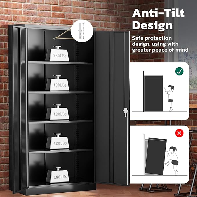 Greenvelly Metal Garage Storage Cabinet with 2 Doors and 4 Adjustable Shelves, 72”H Steel Lockable Storage Cabinet,Tall Metal Cabinet Locking File Cabinet for Office,Home, Garage, Gym, School