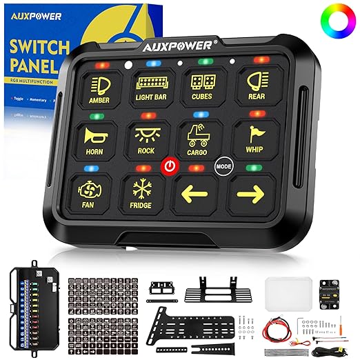 Auxpower RGB 12 Gang Switch Panel 3 Modes Toggle Momentary Pulsed Auxiliary Control Panel Automatic Dimmable Switch Pod Waterproof for Boat Truck Car RV Offroad