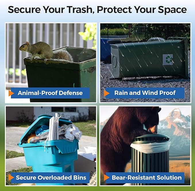 Trash Can Lock for Animals, 2PCS Adjustable Straps Garbage Can Locks for 28-100 Gallon Outdoor Bins, Bear Proof Trash Can Lock with Anti-Rust Metal Buckle, One-Hand Release Lid Locking(Deep Black)