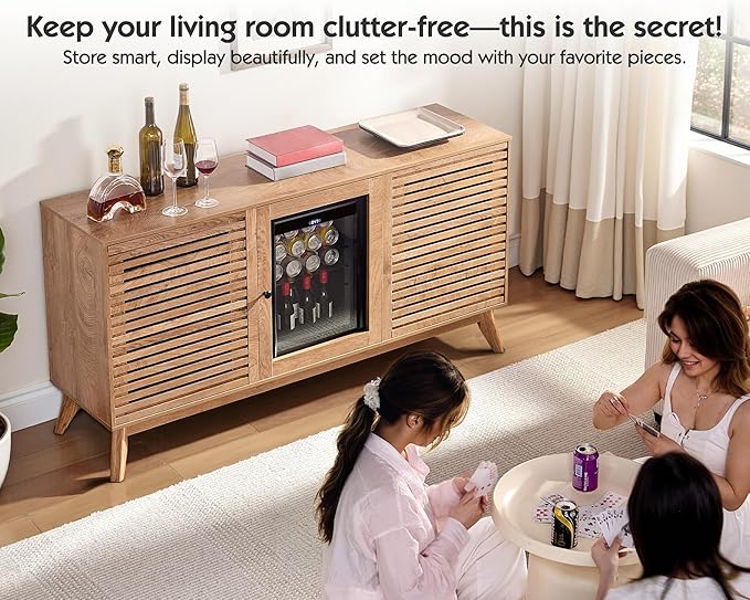 60" Beverage Cooler Cabinet with Built-in Mini Fridge – 24-Can Capacity Beverage Refrigerator for Home Bar or Office – Wine & Coffee Bar Cabinet with Storage – Brown