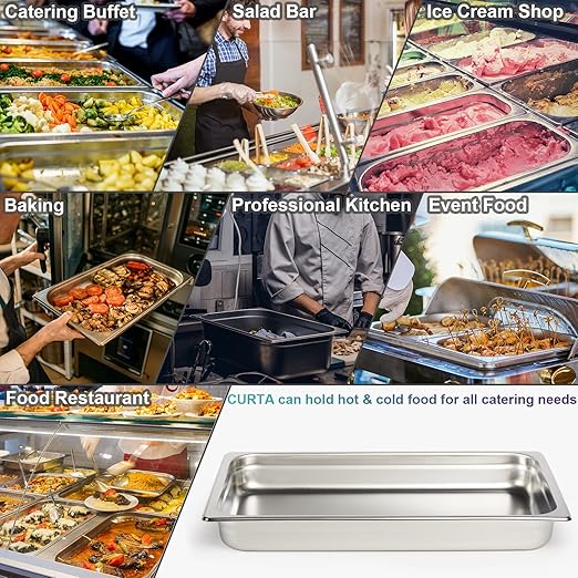 CURTA 6 Pack Full Size 2.5" Deep Anti-Jam Hotel Pans, NSF Certified 18/8 Stainless Steel Steam Table Food Pans for Catering, Buffet, Restaurant, Commercial Kitchen, Dishwasher Safe, Freezer Safe
