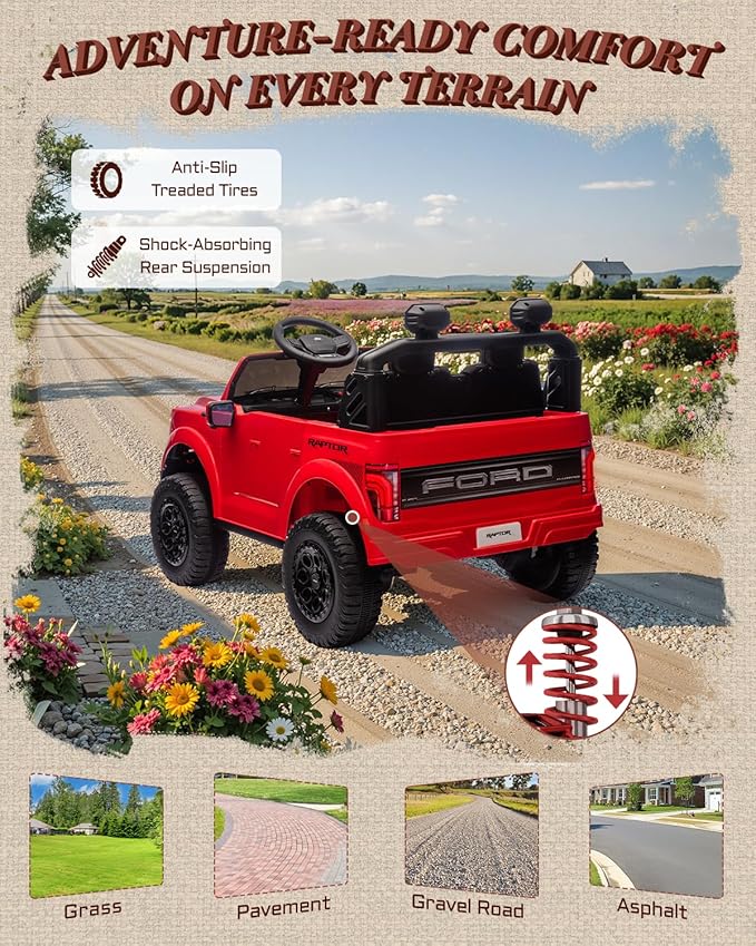 First Ride On 24V 2 Seater Ride on Toys for Kids, Licensed Ford F-150 Raptor Kids Electric Vehicles w/Remote Control, Power Pedal and Durable Wheels, LED Lights, Bluetooth, Truck Bed Storage (Red)