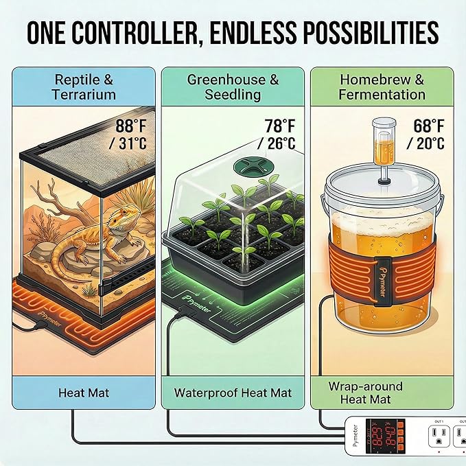 2 in 1 Digital Temperature Controller Dual Outlet Heat Mat Thermostat Reptile Greenhouse Heater Home Brewing Freezer Cooling Heating Pad Control 16A 1920W