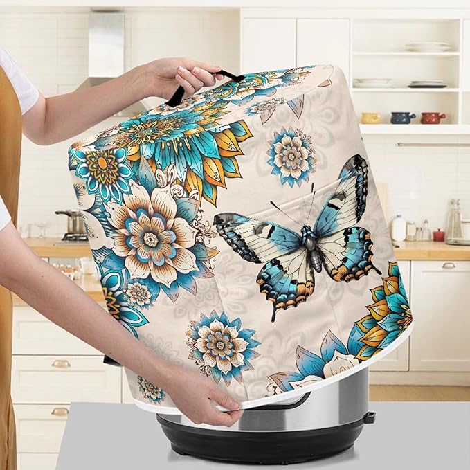 Bohemian Butterfly Print Rice Cooker Dust Cover with Pocket, Washable Pressure Cooker Cover Round Air Fryer Cover with Top Handle, Rice Cooker Cover Electric Cooker Cover