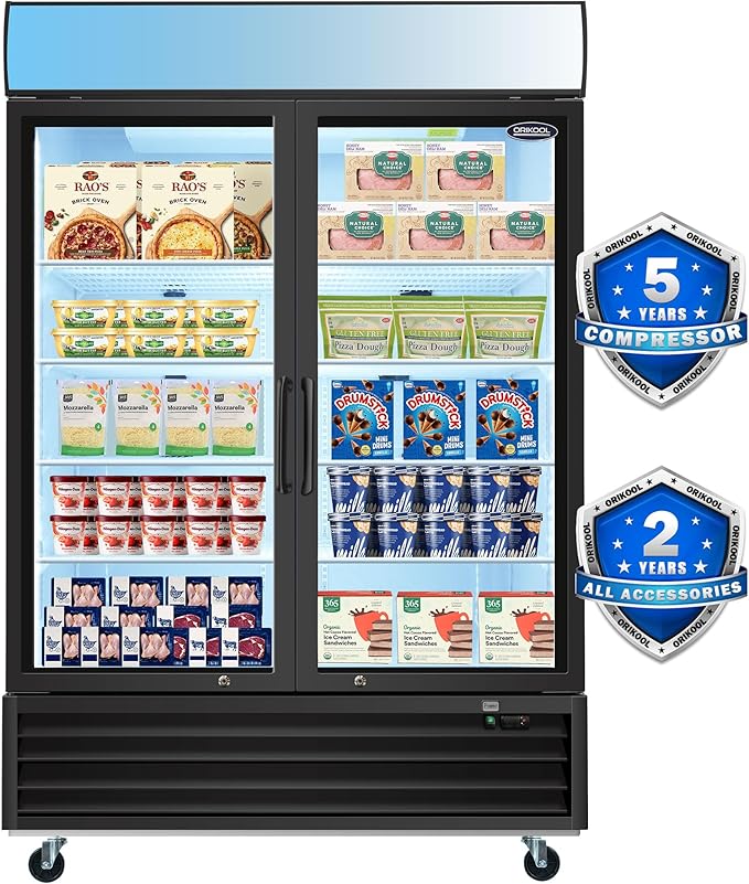 Glass Door Merchandiser Freezer 44.7 Cu.ft Swing Door Commercial Reach-In Display Freezers with LED Top Panel Upright Freeze Storage (2 Door)