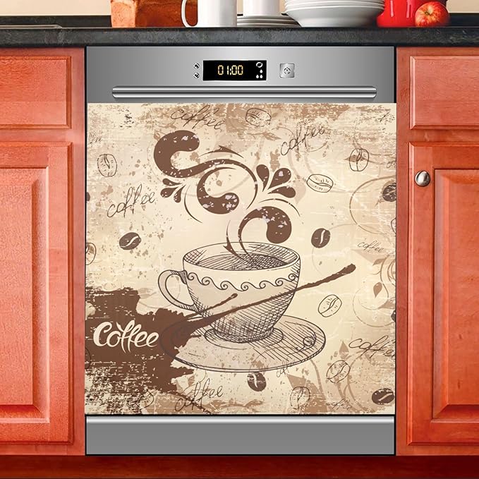Coffee Cup Retro Dishwasher Magnet Cover Sticker Magnetic Refrigerator Panel Front Door Fridge Microwave Decal Decorative