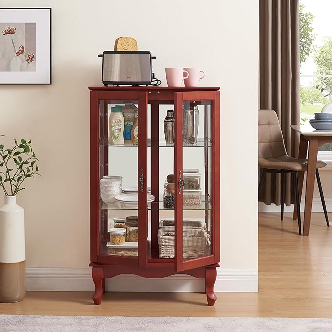 43" H Lighted Curio Cabinet Display Case with Light Bulb, Glass Curio Cabinet with Adjustable Shelves & Tempered Glass Door, Wooden Cabinets w/Mirrored Back Pane for Living Room(Cherry)
