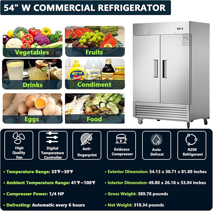 Commercial Refrigerator 54"W 2 Section 2 Solid Door Stainless Steel Interior and Exterior Construction Upright Fan Cooling
