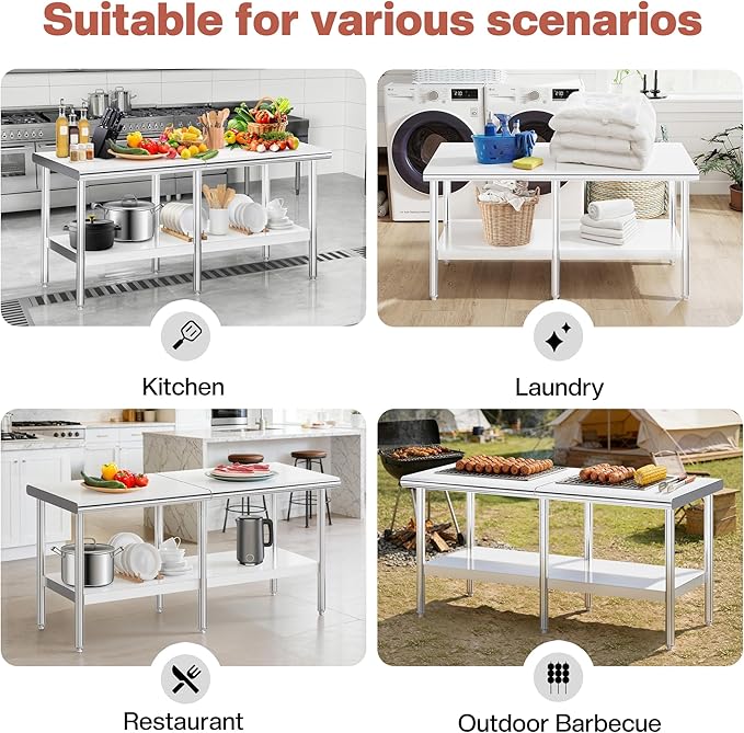 Jocisland 30" x 72" Stainless Steel Table for Prep & Work Adjustable Under Shelf and Feet, for Commercial Kitchen, Restaurant, Hotel, Garage