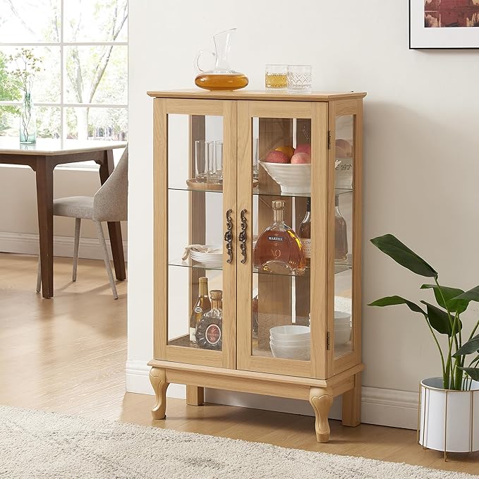 43" H Lighted Curio Cabinet Display Case, Glass Curio Cabinet with Adjustable Shelves & Tempered Glass Door, Wooden Cabinets with Mirrored Back Pane for Living Room (Light Oak)