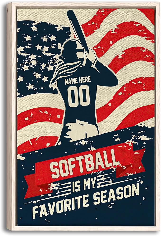 Personalized Softball Poster & Framed Canvas, Softball Is My Favorite Season Home Office Decor, Custom Name Number Bedroom Living Room Aesthetic Wall Art Gift For Girl, Daughter