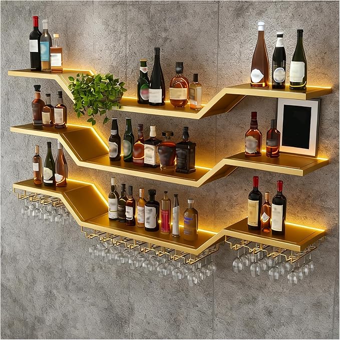 31.5in Modern LED Wine Rack Wall Mounted, 3-Tier Floating Bar Shelves with Wine Glass Rack, Large Hanging Liquor Shelf Wall Mounted, for Home Bar Dining Room Cafe Decorative (Gold, 31.5in/80cm)