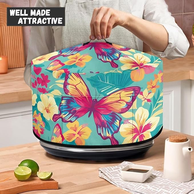 Butterfly Tropical Flower Leaf Print Slow Cooker Dust Cover Compatible with 6/7/8 Quart Slow Cooker Dust Proof Electric Slow Cooker Cover with Storage Pocket for Crock Pot Decor
