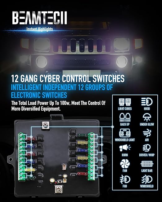 BEAMTECH 12 Gang Switch Panel, RGB Multifunction Switch Toggle Momentary Pulsed Circuit Control Relay System Box Auxiliary Touch Control Switch LED Light Controller for Car Truck Van Off Road ATV UTV