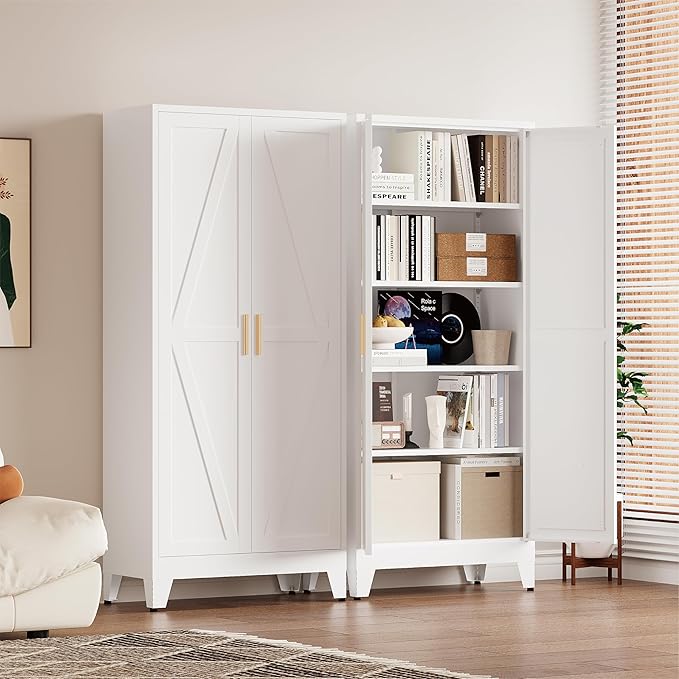 71" Tall Pantry Cabinet, White Metal Pantry Storage Cabinet, Kitchen Pantry Storage Cabinets with 2 Door and 4 Adjustable Shelves (White, 71" H)