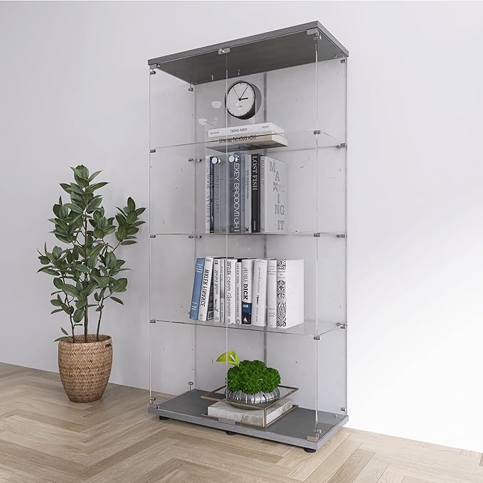 64.5" H 4-Shelf Glass Display Cabinet with Double Door,Modern Curio Cabinet Collection Display Case,Floor Standing Bookshelf Glass Display Case with Lock for Living Room Bedroom (Black)