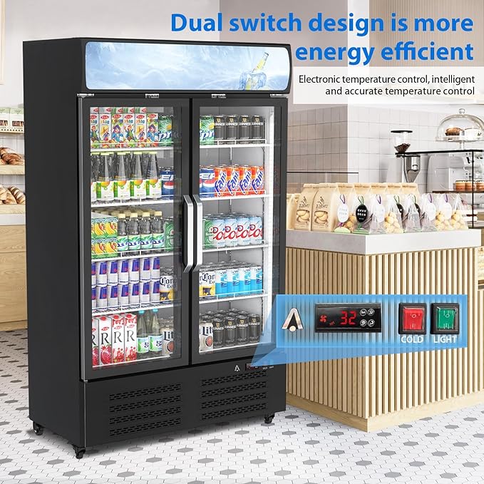 PeakPursuit Commercial Beverage Refrigerator 27.1 Cu.ft, Glass Door Display Fridge with LED Light, 10 Adjustable Shelves, Upright Merchandiser Refrigerator for Restaurant, Cafe, Store, White