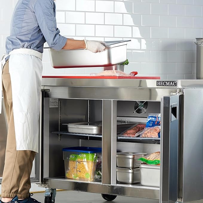 HECMAC 36" Commercial Freezer, 9.68 Cu.ft Worktop Undercounter Fridge with 2 Solid Door, -8~0℉, 18-8 Stainless Steel Interior, ETL&NSF/ANSI 7 for Restaurant, Bar, Shop, Kitchen Use