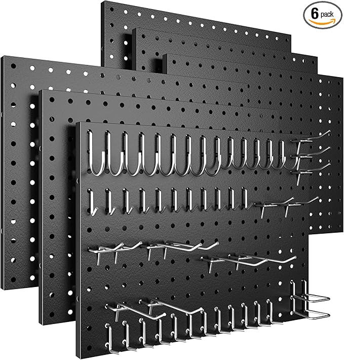 Peg Board, 6 Pack Metal Pegboard Panels Black Pegboards Wall Organizer with 50 Hooks, Heavy Duty Peg Board for Walls Home, Garage Tool Storage, Office Organization, Craft Room, Kitchen