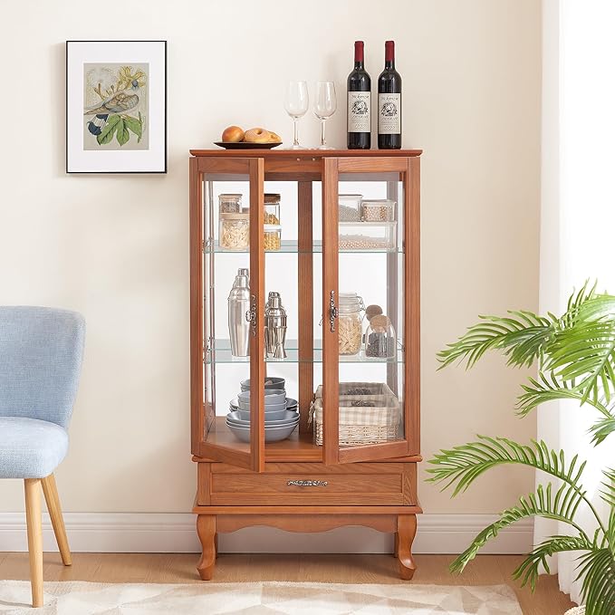 49" H Lighted Curio Cabinet Display Case, Glass Curio Cabinet with Adjustable Shelves,Tempered Glass Door and Drawer, Wooden Cabinets w/Mirrored Back Pane for Living Room (Oak)