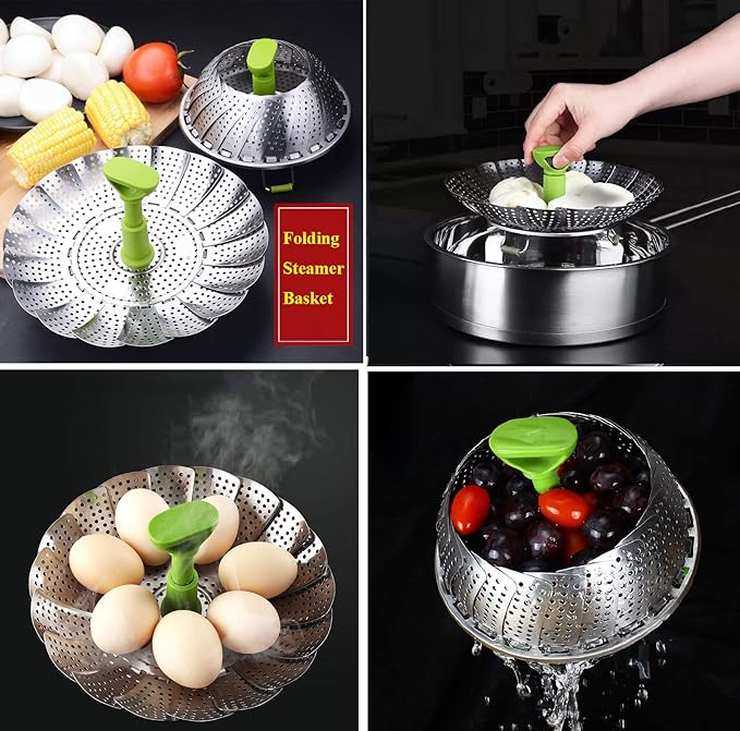 Vegetable Steamer Basket, Stainless Steel Folding Steamer Basket Insert for Veggie Fish Seafood Cooking, Expandable to Fit Various Size Pot (7.1" to 11" Triangle)