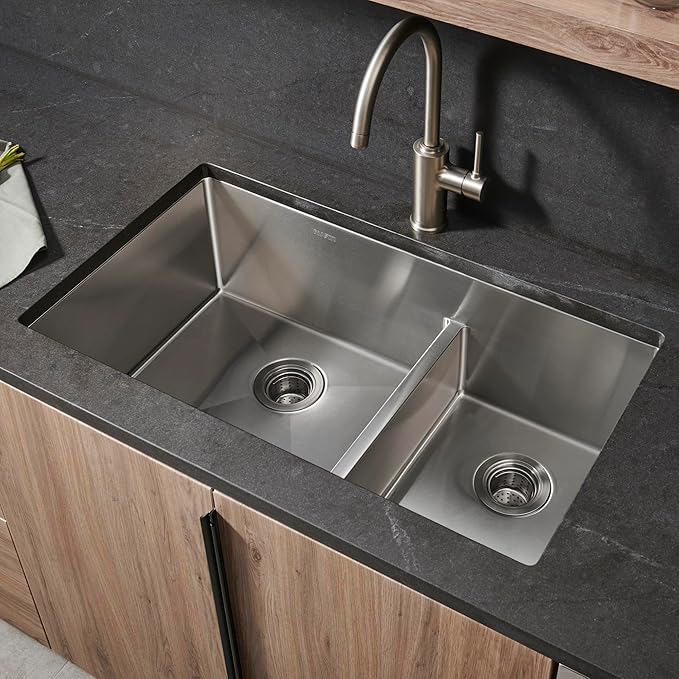 Ruvati 30-inch Low-Divide Rounded Corners Undermount Kitchen Sink - 60/40 Double Bowl Kitchen Sinks - 16 Gauge Stainless Steel Kitchen sink with Brushed Finish hides scratches - RVH7357