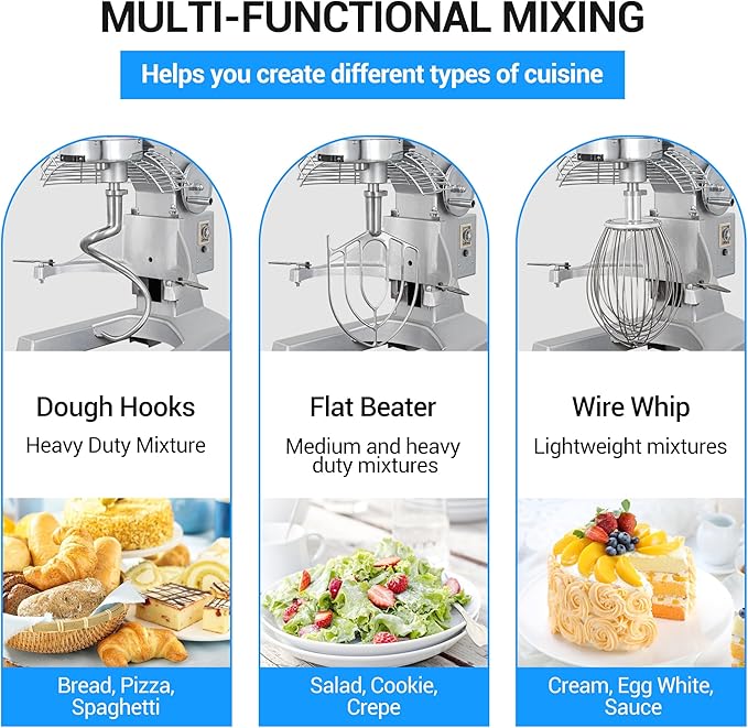 20Qt 1100W Commercial Food Mixer, Commercial mixer 3-Speed Adjustable Heavy Duty Stand Mixer with Stainless Steel Bowl for Bakery Pizzeria.