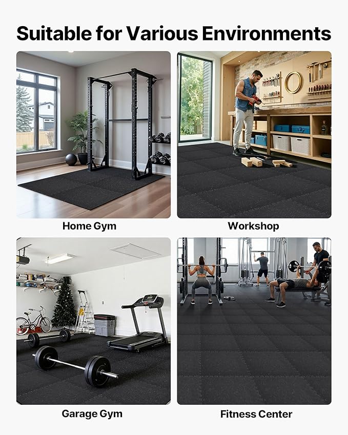 VEVOR 0.4Inch 48sq.ft 12 Tiles Gym Flooring for Home Gym, Rubber Top with High Density EVA Foam, 24 x 24In Gym Floor Exercise Equipment Mats, Interlocking Gym Mats, Puzzle Workout Mats, Black & Gray