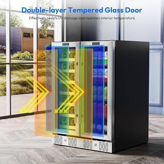 Empava Wine and Beverage Refrigerator, 24 inch Dual Zone Wine and Beverage Cooler 78 Cans and 20 Bottles Capacity, Built-in or Freestanding Wine Fridge with Glass Doors and LED Light