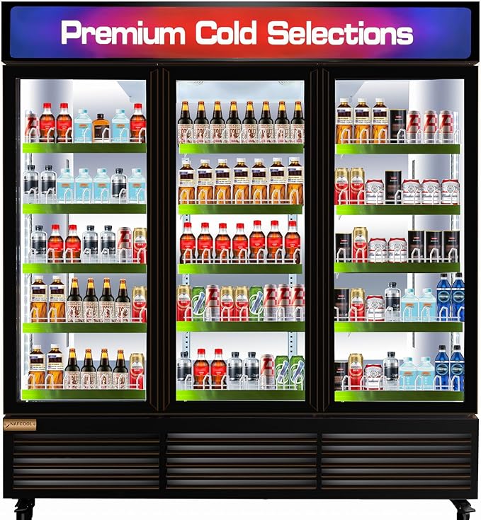 Commercial Refrigerator Display Fridge,63.5 Cu Ft Thre，Glass Door Merchandiser Drink Cooler with LED Light Adjustable Shelves,ETL Sanitation,Black,Wheels Not Includede