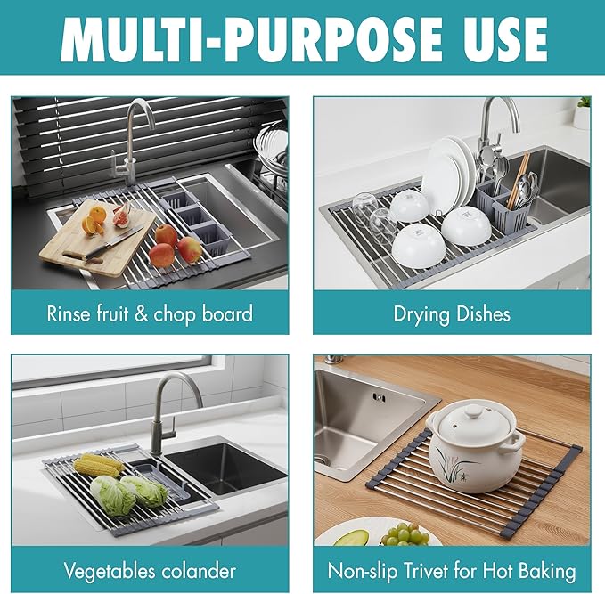 HAVENITY™ Expandable Roll Up Dish Drying Rack - Adjustable Up to 22.75" with 2 FREE Attachments & 2 Removable Baskets, 304 Stainless Steel Over The Sink dish Drying Rack Cover Kitchen Sink Accessories