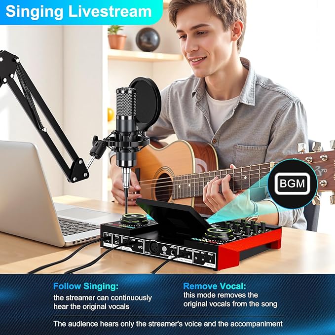 tenlamp Podcast Microphone Bundle with Live Sound Board Audio Mixer, Podcast Equipment Bundle with 3.5mm Boom Mic(P15) for Pc/Phone Live Streaming Singing Gaming, Voice Changer, Denoise