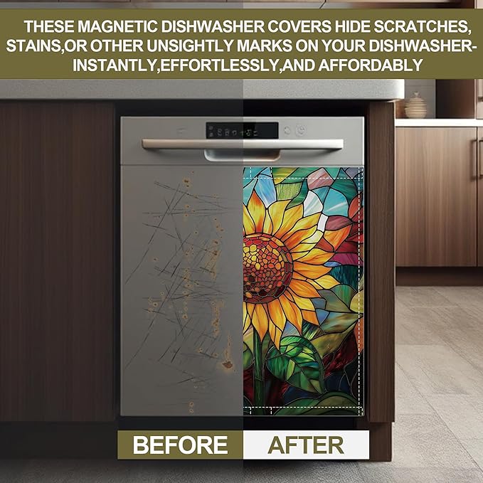Magnetic Dishwasher Cover,Stained Glass Reusable Dishwasher Magnetic Cover Sunflower Colorful Decorative Door Covers Panel for Home Kitcen 23" x 26"
