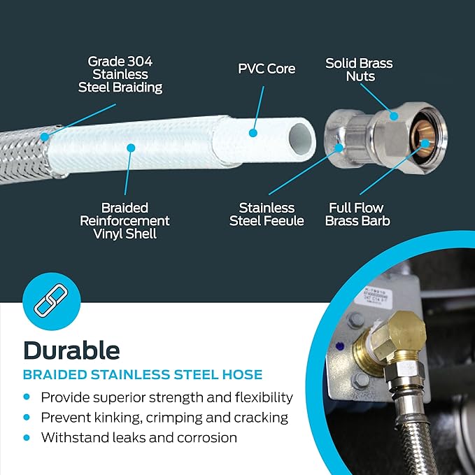 Eastman 10 Ft. Dishwasher Installation Kit, Braided Stainless Steel Supply Line with 3/8 Inch Compression Ends, 41060