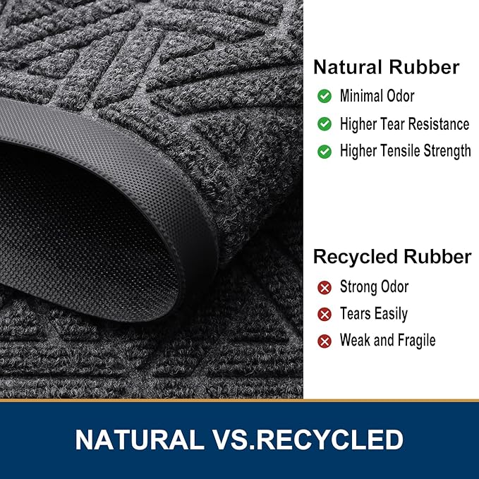 Smiry Front Door Mat Outside Entrance, Heavy Duty Sturdy Natural Rubber Doormat, Trap Dirt and Moisture, Easy Clean Low Profile Mats for Indoor Outdoor Entry, Grid Geometric (29.5x17, Grey)