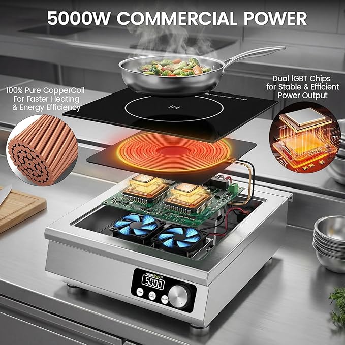 5000W Commercial Induction Cooktop, NESTIQEX 208V 3-Phase Large Induction Burner with 20 Power & Temp Levels, 9.25" Large Coil, 24h Timer, Pro Electric Countertop Burners for Restaurant