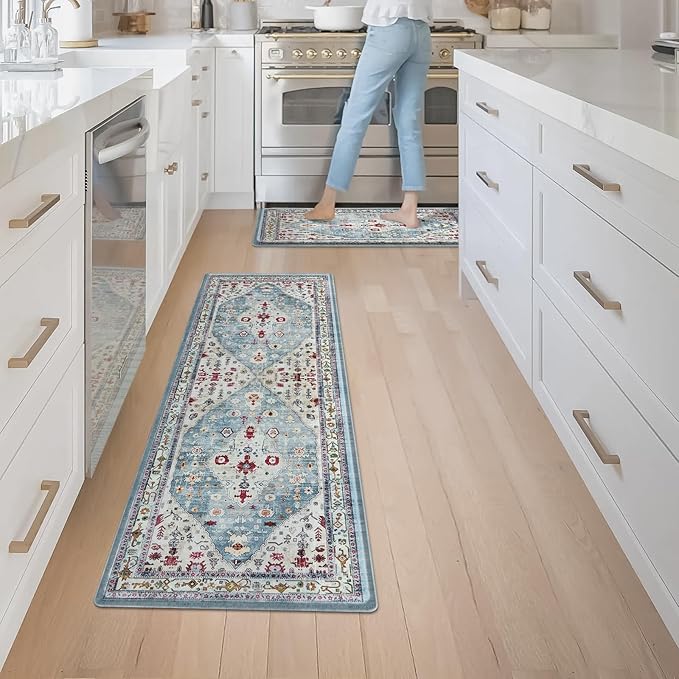 Collive Boho Kitchen Rugs and Mats 2PCS Cushioned Anti-Fatigue Floor Mat, Waterproof Kitchen Rug Set of 2 Non-Skid Comfort Standing Mat for Kitchen,Home,Office,Sink,Laundry,17"x30"+17"x47"