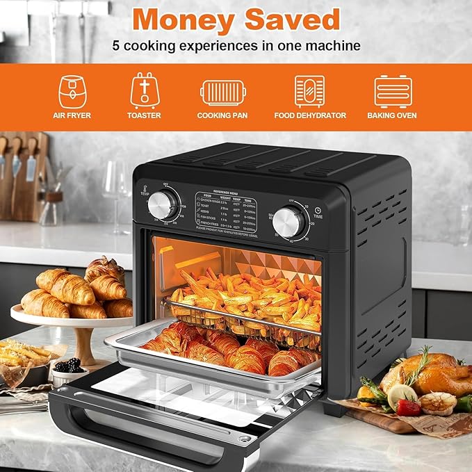 11QT Compact 2-Slice Air Fryer Toaster Oven with Reference Menus, 1500W Convection Countertop Oven, Adjustable Time & Temperature, Ideal for Singles & Couples, Black