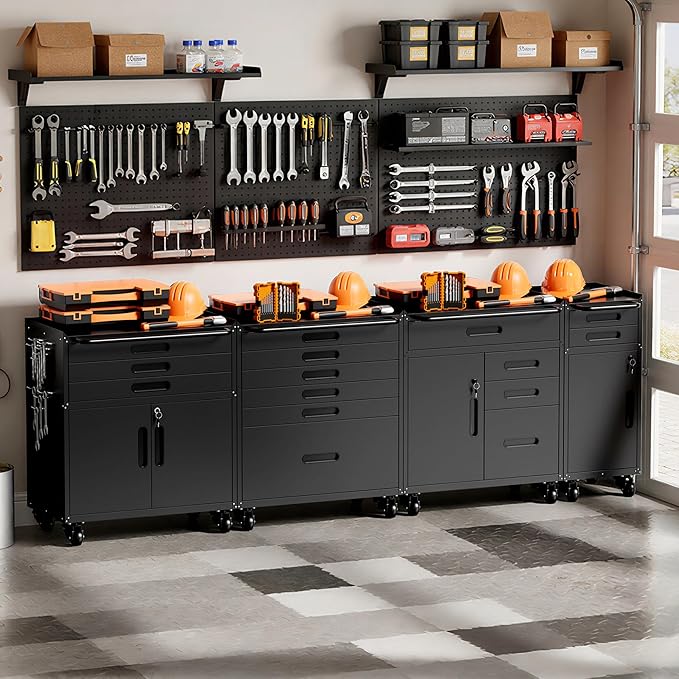 Garage Storage Cabinet,6 Drawer Metal Rolling Tool Cabinet with 2 Pegboard and 10 Hook,Heavy Duty Mechanics Tool Chest Storage for Workshop, Basement,Warehouse,Include Workbench Liner,Black