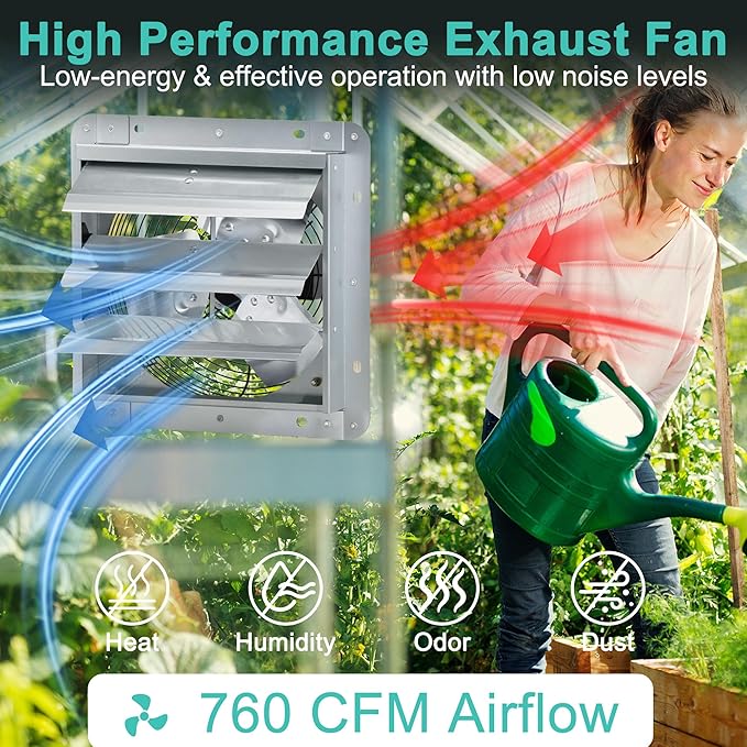 7 Inch Shutter Exhaust Fan with Speed Controller and Power Cord, Wall Mount Attic Fan for Greenhouses, Sheds, Garages, Chicken Coops, Barns Ventilation, 760 CFM