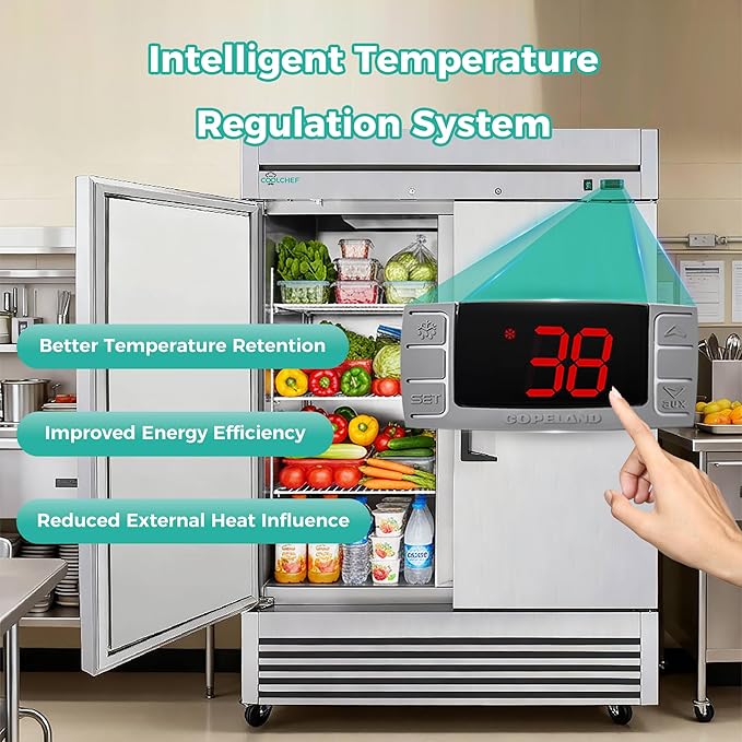 54" Commercial Refrigerator 49 Cu.Ft, Stainless Steel 2 Door Reach-in Fridge, 33–40℉, Air Cooling, LED Light, 6 Shelves, R290, ETL