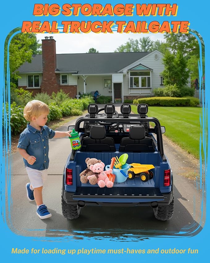 ENYOPRO 24 Volt Ride on Toys for Boys, Licensed RAM 1500 RHO 2 Seater Electric Car w/Remote Control, Kids Electric Vehicles w/Working Truck Tailgate, Spring Suspension, Bluetooth, LED Lights (Blue)