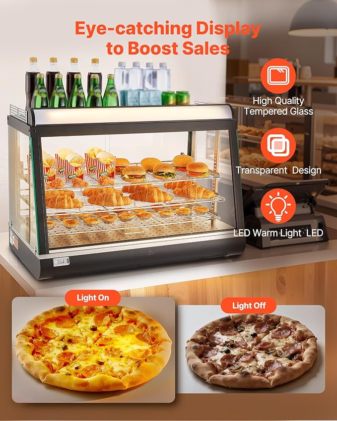 VEVOR 3-Tier Commercial Food Warmer Display, 1400W Food Display Warmer with LED Light, Top Storage and Adjustable Shelves, 86℉~185℉ Steam Heating, 105L for Hamburger, Pizza, Bread, Fried Chicken
