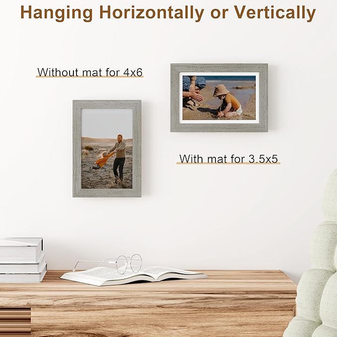 Vittanly 4x6 Picture Frame, Solid Wood Frame with Plexiglass, Includes 3.5x5 Mat, Wall Hanging or Tabletop for Home Decor, Grey, 1 Pack