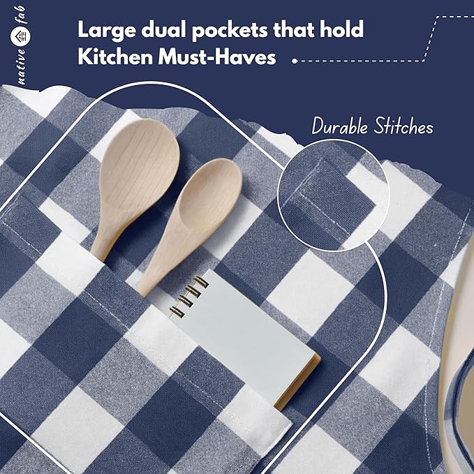 Native Fab Kitchen Apron 2 Pack - 100% Cotton Adjustable, Durable Apron with Pockets, Perfect for Cooking, Baking, Grilling