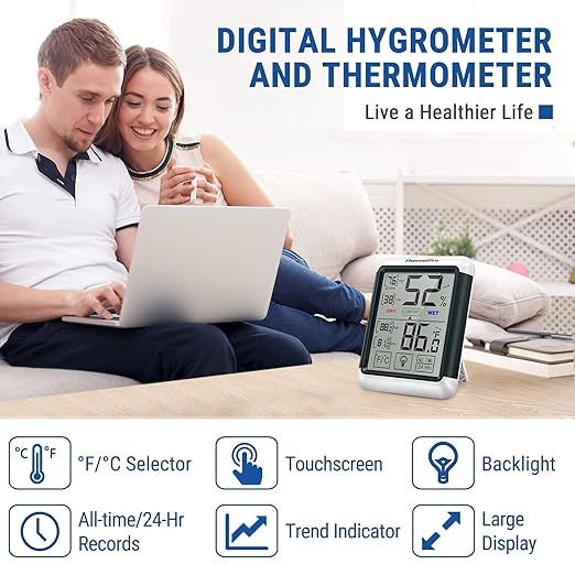 ThermoPro TP55 Digital Indoor Hygrometer Thermometer, 4-Inch Temperature/Humidity Monitor with Touchscreen and Backlit, Indoor Room Thermometer/Humidity Meter for House Home Greenhouse