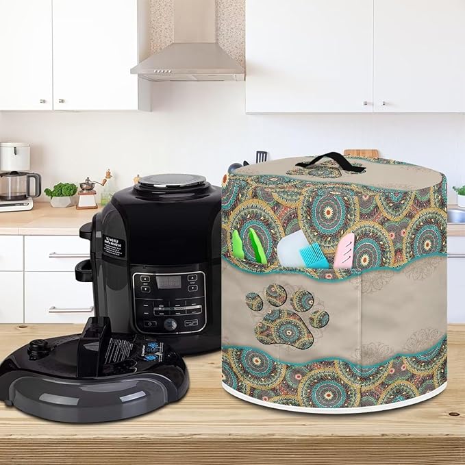 Xoenoiee Boho Mandala Dog Paw Print Kitchen Appliance Dust Cover with Pockets, Electric Pressure Cooker Cover Compatible with Rice Cooker Cover Air Fryer Cover, for 3 Quart